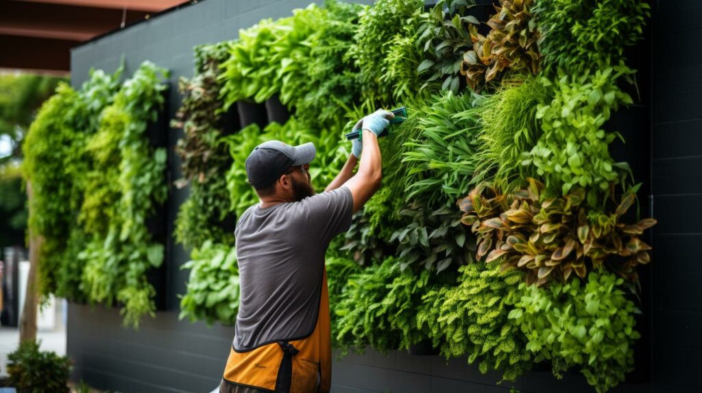A person meticulously pruning lush green vegetables on a vertical garden wall, armed with an array of gardening tools.